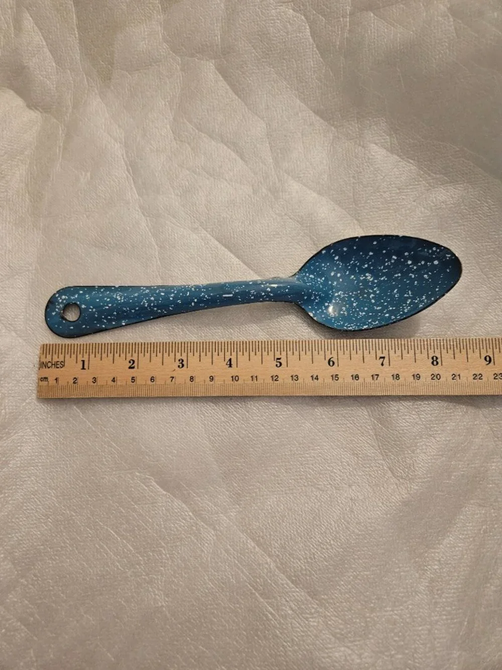 Vintage Graniteware Enamelware Spoon Blue and White Splatter Pattern